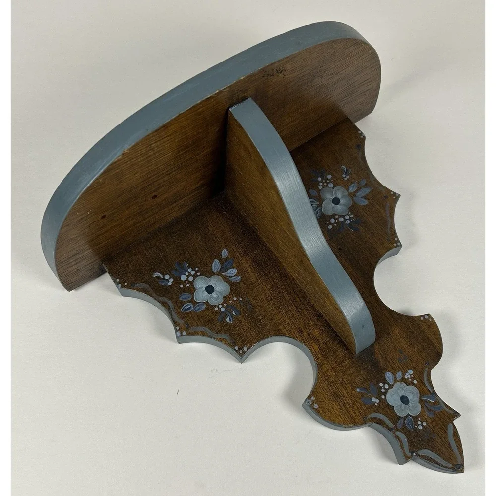 Small Wood Cottagecore Wall Shelf Floral Painted Blue Flowers 10.75